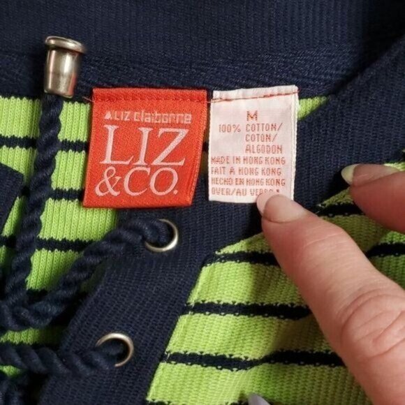 Liz Claiborne Liz & Co. Cinched V Neck Closure Striped Short Sleeve Sz. M Top - Picture 8 of 9